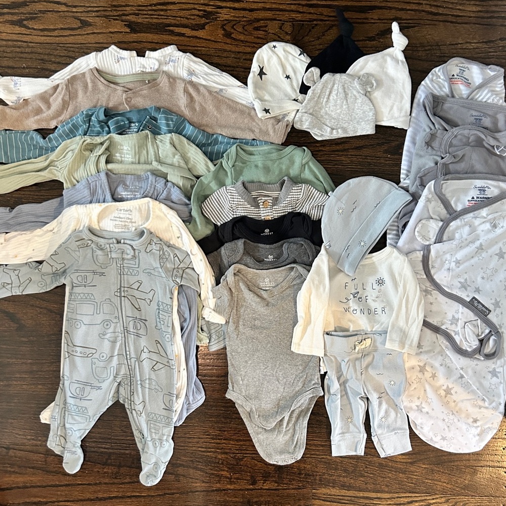 Lot of Baby Boy Newborn Clothing and Swaddles